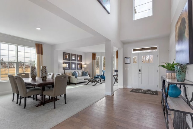 entryway featuring plenty of natural light, a high ceiling, baseboards, and wood-type flooring