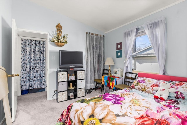 carpeted bedroom featuring crown molding and vaulted ceiling