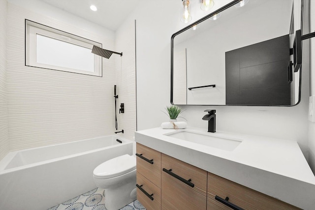 full bathroom with recessed lighting, shower / bath combination, toilet, and vanity