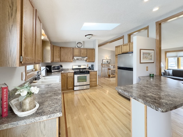 kitchen with light wood finished floors, vaulted ceiling with skylight, stainless steel appliances, under cabinet range hood, and a sink