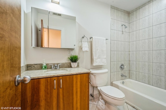 full bath with toilet, shower / bath combination, visible vents, vanity, and tile patterned floors