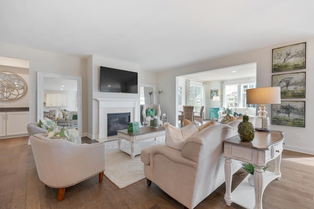 living room featuring a glass covered fireplace, wood finished floors, and baseboards