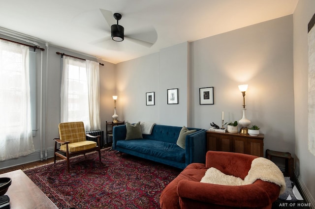 living area featuring a ceiling fan and wood finished floors