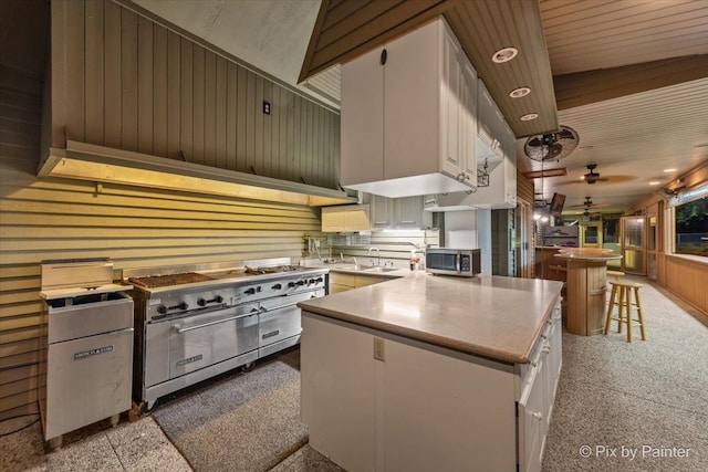 kitchen featuring stainless steel appliances, white cabinets, ceiling fan, and a sink