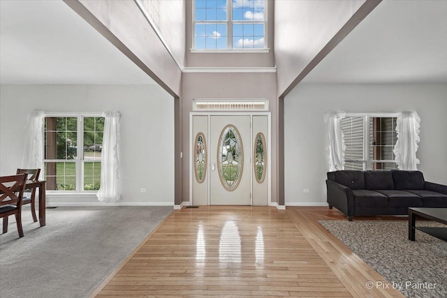 entryway featuring wood-type flooring, a towering ceiling, and baseboards