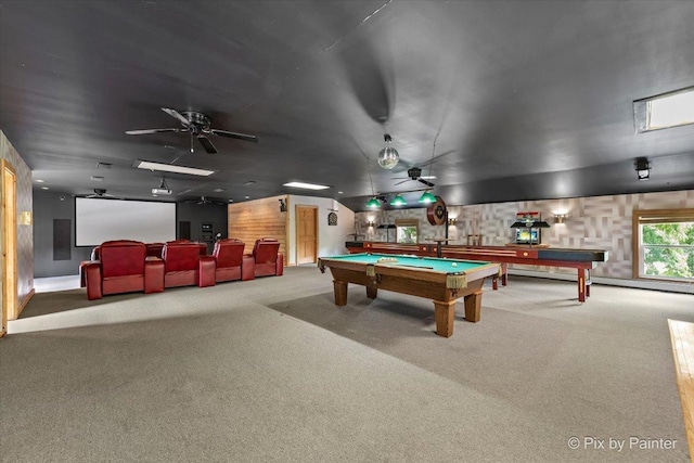 recreation room featuring ceiling fan, pool table, and carpet