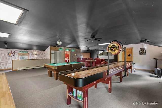 recreation room featuring vaulted ceiling, baseboard heating, carpet, and billiards