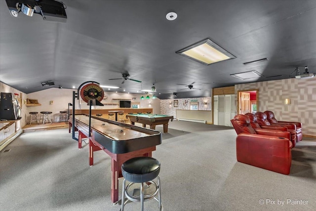 recreation room featuring billiards, a ceiling fan, lofted ceiling, carpet, and a baseboard heating unit