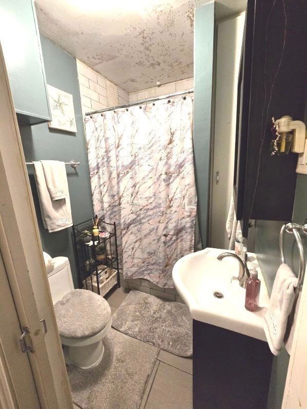 3645 S 53rd Ave, Cicero, IL 60804 - bathroom with toilet, a shower with shower curtain, vanity, and tile patterned floors