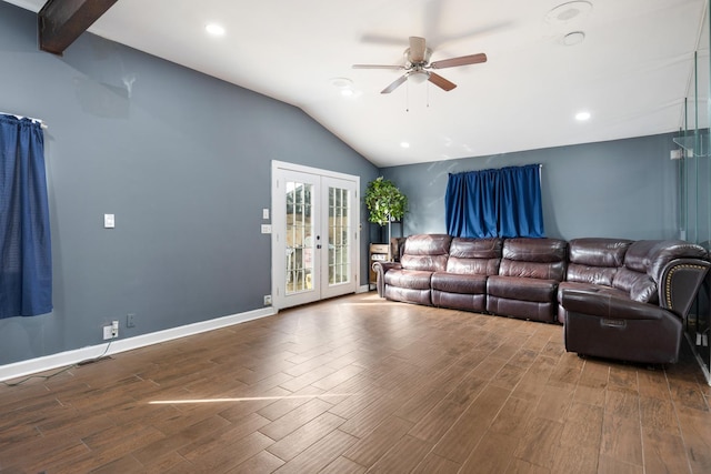 living room with lofted ceiling with beams, ceiling fan, wood finished floors, baseboards, and french doors