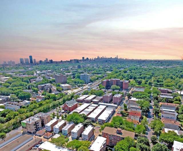 aerial view at dusk featuring a city view