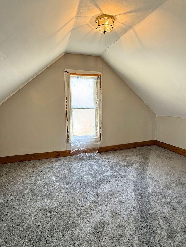 additional living space with lofted ceiling, carpet floors, and baseboards