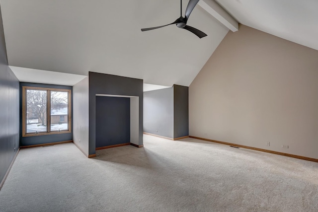 unfurnished living room featuring baseboards, ceiling fan, beamed ceiling, carpet flooring, and high vaulted ceiling