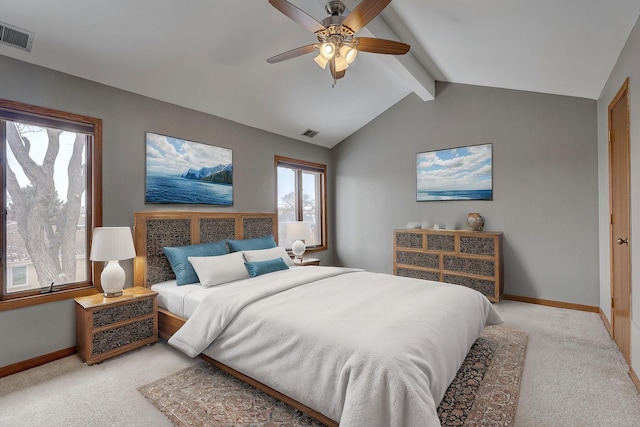 bedroom with light colored carpet, visible vents, lofted ceiling with beams, and baseboards