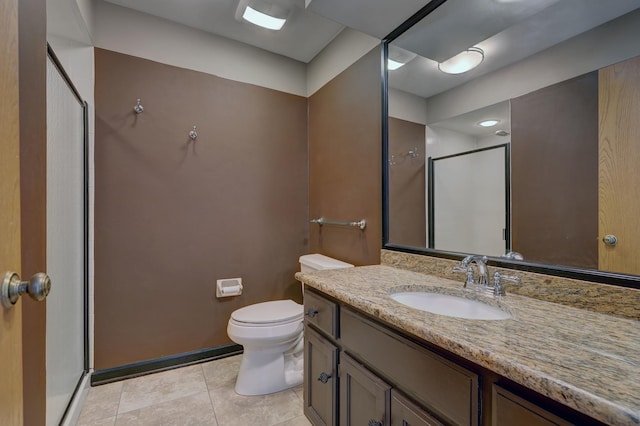 full bathroom featuring vanity, tile patterned flooring, a shower stall, and toilet