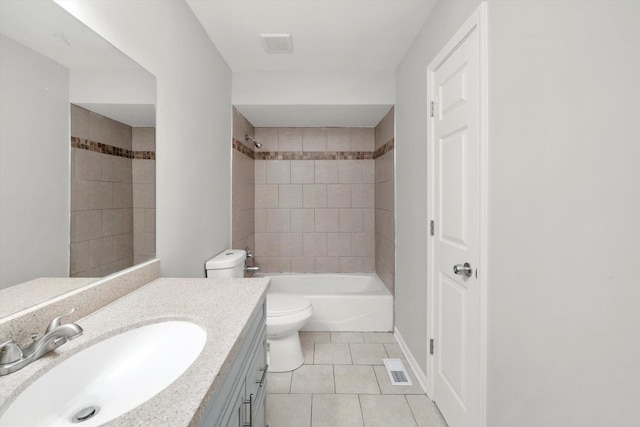 bathroom with bathing tub / shower combination, visible vents, toilet, vanity, and tile patterned flooring