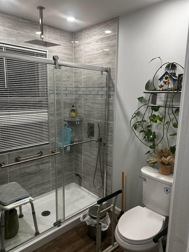 bathroom featuring a stall shower, toilet, and wood finished floors