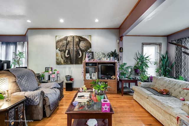 living area with ornamental molding, recessed lighting, a healthy amount of sunlight, and light wood-style flooring