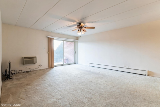 spare room with a baseboard radiator, a wall unit AC, ceiling fan, and carpet flooring