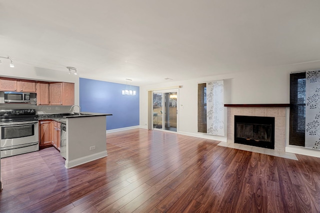 kitchen with stainless steel appliances, a peninsula, wood finished floors, open floor plan, and dark countertops