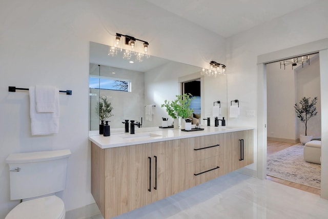 bathroom with double vanity, a sink, toilet, and baseboards