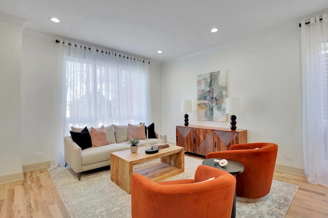 living room featuring light wood-style flooring and recessed lighting