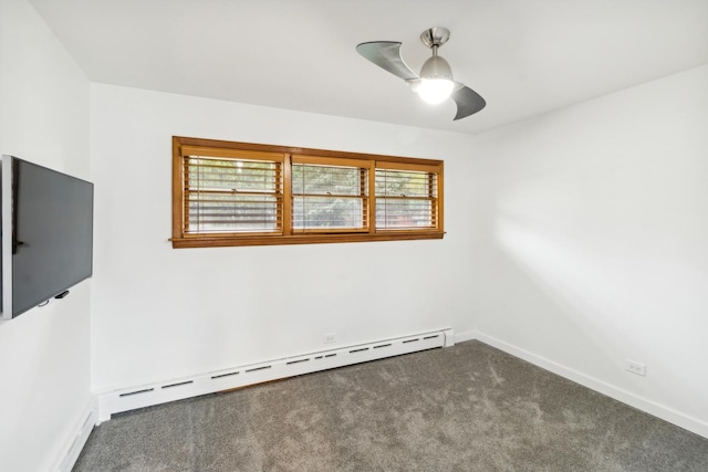 carpeted empty room featuring baseboards, a baseboard heating unit, and a ceiling fan