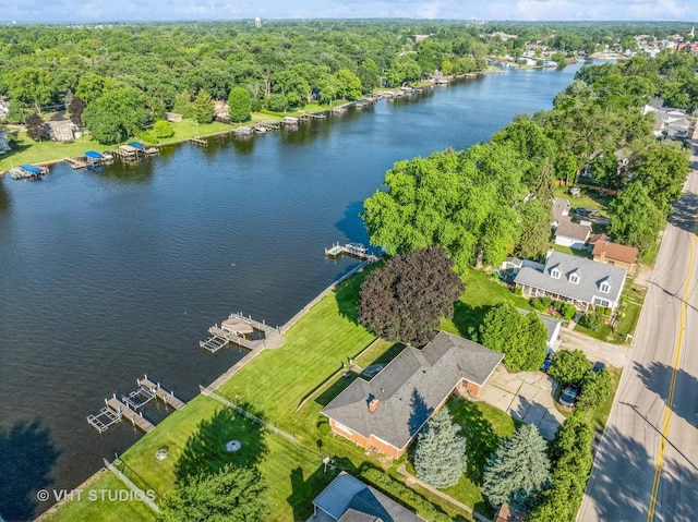 bird's eye view with a water view