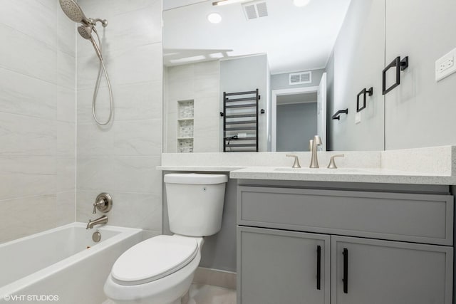 full bathroom with toilet, visible vents, shower / washtub combination, and vanity