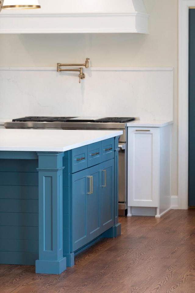 31 Golden Larch Ct, Naperville, IL 60540 - kitchen with light countertops, blue cabinetry, and dark wood-style floors