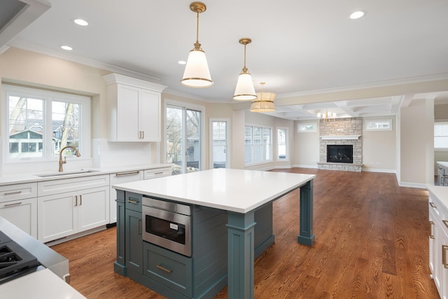 31 Golden Larch Ct, Naperville, IL 60540 - kitchen with a sink, stainless steel microwave, dark wood finished floors, and light countertops