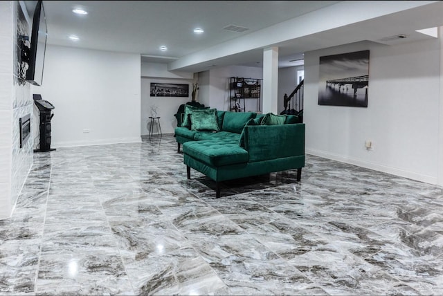 living room featuring marble finish floor, recessed lighting, visible vents, baseboards, and stairs