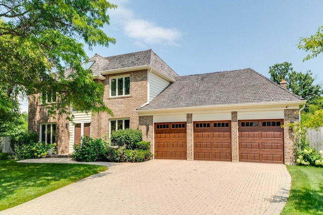 view of front of property featuring a garage, decorative driveway, brick siding, and roof with shingles