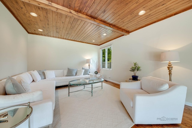 living room with crown molding, wooden ceiling, wood finished floors, and recessed lighting