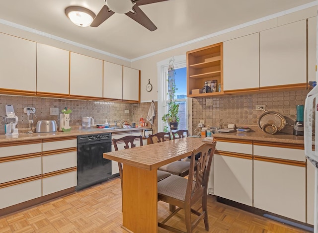 kitchen with black dishwasher, light countertops, crown molding, white cabinetry, and backsplash