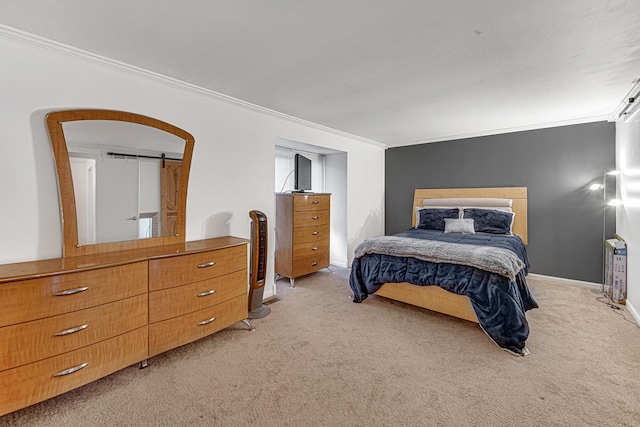 bedroom featuring ornamental molding, light colored carpet, and baseboards