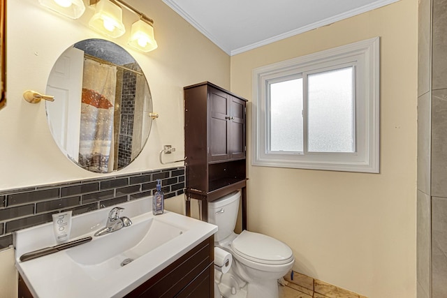 bathroom with toilet, a shower with shower curtain, vanity, ornamental molding, and backsplash