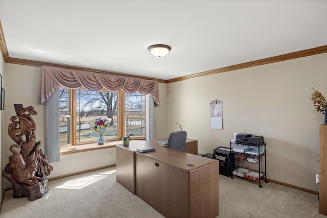 office featuring crown molding, baseboards, and light colored carpet