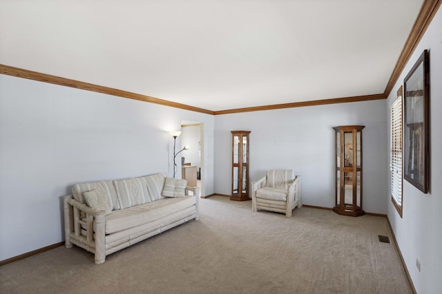 carpeted living room with visible vents, crown molding, and baseboards