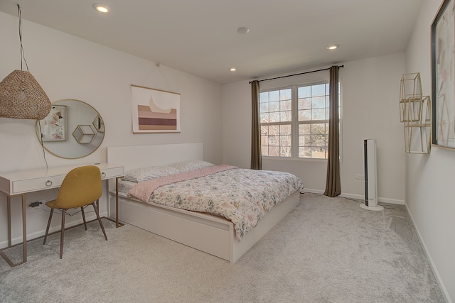 bedroom with recessed lighting, carpet flooring, and baseboards