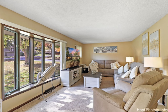 living area featuring light carpet, a textured ceiling, and baseboards