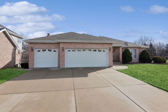 ranch-style home featuring a garage, brick siding, a shingled roof, concrete driveway, and a front yard