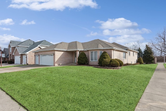 ranch-style home with driveway, roof with shingles, an attached garage, a front lawn, and brick siding