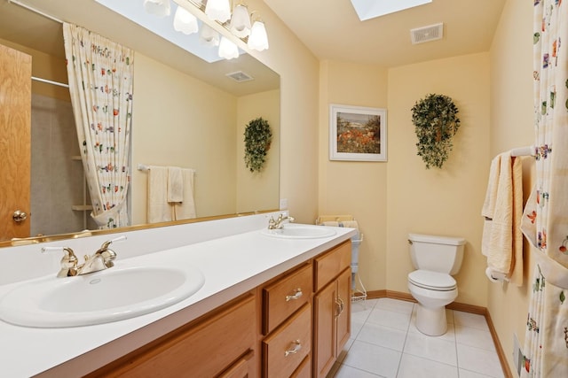 full bathroom with toilet, a skylight, visible vents, and a sink