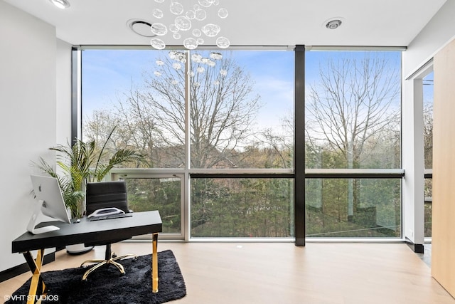 office space featuring a wall of windows, plenty of natural light, and wood finished floors