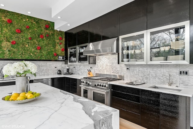 kitchen featuring modern cabinets, appliances with stainless steel finishes, dark cabinetry, under cabinet range hood, and a sink