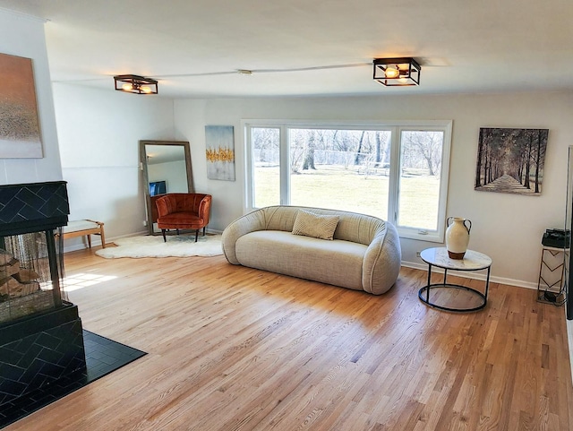 living area with baseboards, wood finished floors, and a multi sided fireplace