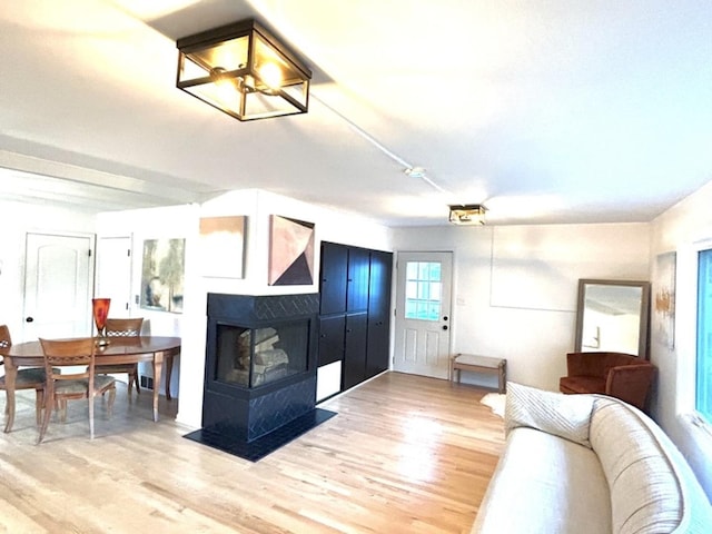 living room with wood finished floors and a multi sided fireplace