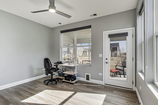 home office featuring baseboards, visible vents, and wood finished floors