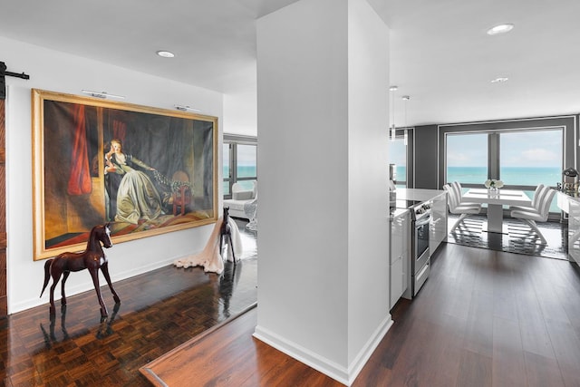 kitchen with a barn door, recessed lighting, baseboards, parquet floors, and stainless steel electric range oven